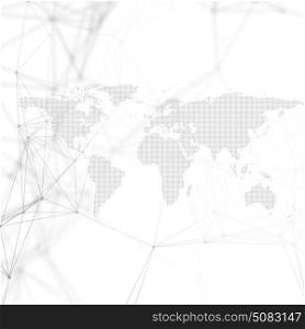 Abstract futuristic background with connecting lines and dots, polygonal linear texture. World map on white. Global network connections, geometric design, dig data technology digital concept.. Abstract futuristic background with connecting lines and dots, polygonal linear texture. World map on white. Global network connections, geometric design, dig data technology digital concept