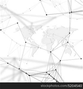 Abstract futuristic background with connecting lines and dots, polygonal linear texture. World map on white. Global network connections, geometric design, technology digital concept.. Abstract futuristic background with connecting lines and dots, polygonal linear texture. World map on white. Global network connections, geometric design, technology digital concept