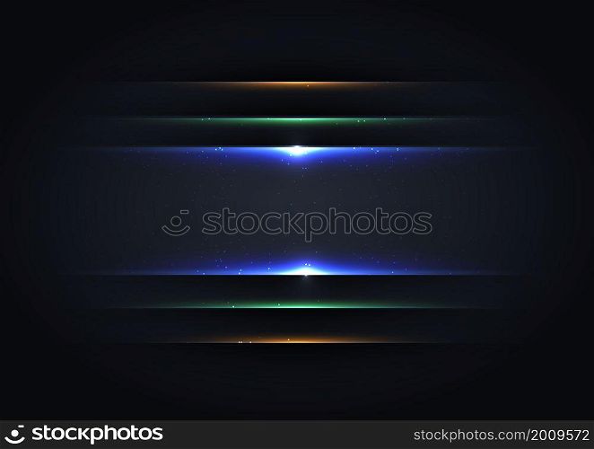 Abstract futuristic black background with blue, green, orange glowing lighting sparkling glitter dust. Vector illustration.