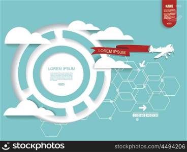 Abstract futuristic circuit high computer technology background with airplane flying through clouds in the blue sky. Flat design style modern vector illustration/