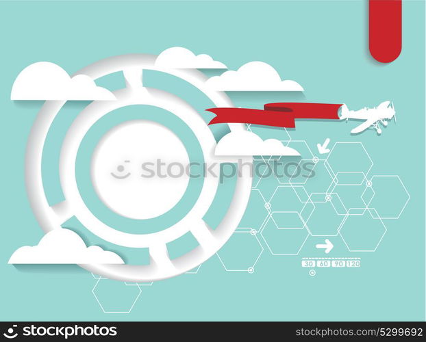 Abstract futuristic circuit high computer technology background with airplane flying through clouds in the blue sky. Flat design style modern vector illustration.