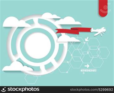 Abstract futuristic circuit high computer technology background with airplane flying through clouds in the blue sky. Flat design style modern vector illustration.