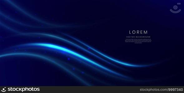 Abstract futuristic concept wave lines with lighting glowing particles on dark blue background. Vector illustration