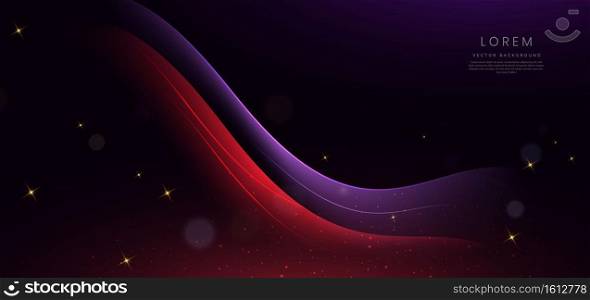 Abstract futuristic curved glowing purple and red light lines on black background. Vector illustration