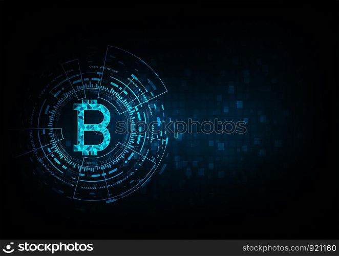 Abstract futuristic digital money with logo bitcoin digital currency on blue.