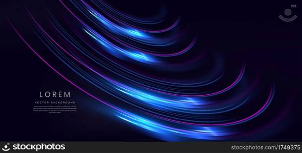 Abstract futuristic glowing blue and pink light swirl lines with lighting effect on dark blue background. Vector illustration