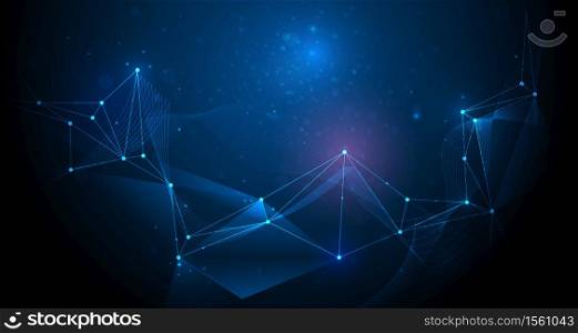 Abstract futuristic, Molecule technology with polygonal pattern with mesh lines and bokeh on dark blue background. Vector molecular and dna structure design. Illustration technology, science concept