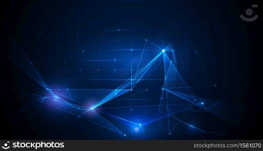 Abstract futuristic - Molecules technology with linear and polygonal pattern shapes with mesh lines and bright glitter on dark blue background. Illustration Vector design digital technology concept