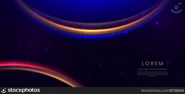 Abstract futuristic neon curved glowing blue, gold and red light lines with sparkle effect on dark blue background. Vector illustration