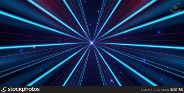 Abstract futuristic neon glowing blue and red diagonal light lines on dark blue background with lighting effect. Vector illustration