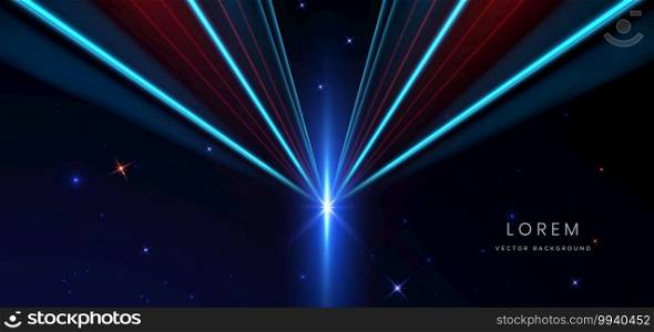 Abstract futuristic neon glowing blue and red diagonal light lines on dark blue background. Vector illustration