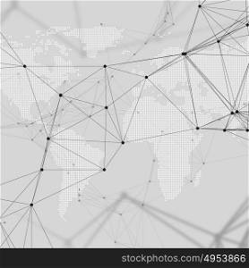Abstract futuristic network shapes. High tech background, connecting lines and dots, polygonal linear texture. World map on gray. Global network connections, geometric design, dig data concept.. Abstract futuristic network shapes. High tech background with connecting lines and dots, polygonal linear texture. World map on gray. Global network connections, geometric design, dig data technology digital concept.
