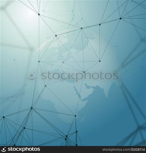 Abstract futuristic network shapes. High tech background, connecting lines and dots, polygonal linear texture. World globe on blue. Global network connections, geometric design, dig data concept.. Abstract futuristic network shapes. High tech background, connecting lines and dots, polygonal linear texture. World globe on blue. Global network connections, geometric design, dig data concept