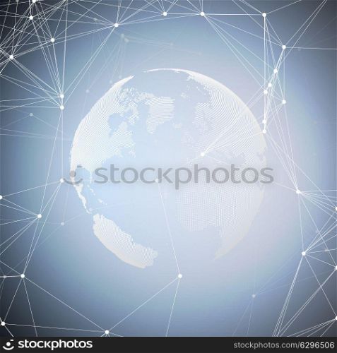 Abstract futuristic network shapes. High tech background, connecting lines and dots, polygonal linear texture. World globe on blue. Global network connections, geometric design, dig data concept.. Abstract futuristic network shapes. High tech background with connecting lines and dots, polygonal linear texture. World globe on blue. Global network connections, geometric design, dig data technology digital concept.