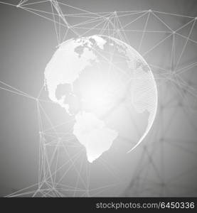 Abstract futuristic network shapes. High tech background, connecting lines and dots, polygonal linear texture. World globe on gray. Global network connections, geometric design, dig data concept.. Abstract futuristic network shapes. High tech background, connecting lines and dots, polygonal linear texture. World globe on gray. Global network connections, geometric design, dig data concept