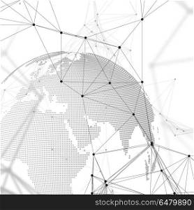 Abstract futuristic network shapes. High tech background, connecting lines and dots, polygonal linear texture. World globe on white. Global network connections, geometric design, dig data concept.. Abstract futuristic network shapes. High tech background with connecting lines and dots, polygonal linear texture. World globe on white. Global network connections, geometric design, dig data technology digital concept.