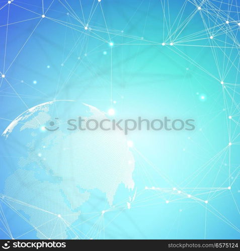 Abstract futuristic network shapes. High tech background, connecting lines and dots, polygonal linear texture. World map on blue. Global network connections, geometric design, dig data concept. Abstract futuristic network shapes. High tech background, connecting lines and dots, polygonal linear texture. World map on blue. Global network connections, geometric design, dig data concept.