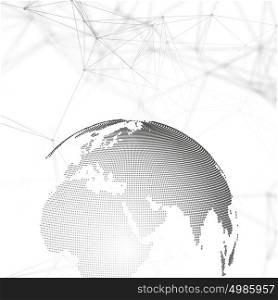 Abstract futuristic network shapes. High tech HUD background, connecting lines and dots, polygonal linear texture. World globe on gray. Global network connections, geometric design, dig data concept.. Abstract futuristic network shapes. High tech HUD background, connecting lines and dots, polygonal linear texture. World globe on gray. Global network connections, geometric design, dig data concept