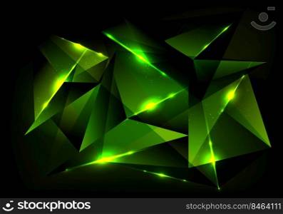Abstract futuristic technology concept with green polygonal pattern and glow lighting on dark background. Digital connection structure. Vector illustration