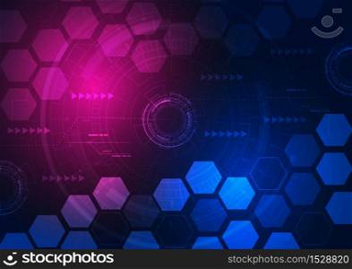 Abstract futuristic technology gear and hexagon on blue, pink background. Future geometric template elements hexagon. Vector illustration