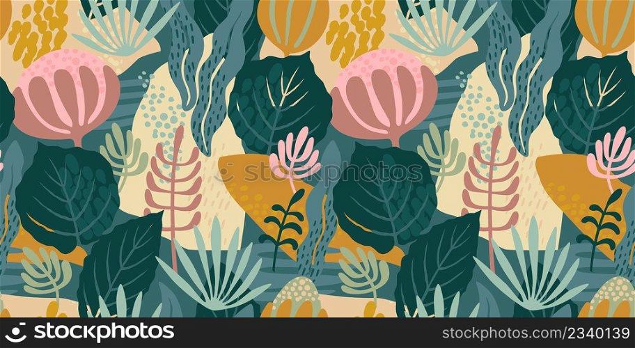 Abstract gentle seamless pattern with leaves, flowers and grass. Modern exotic design for paper, cover, fabric, interior decor and other use.. Abstract gentle seamless pattern with leaves, flowers and grass. Modern exotic design