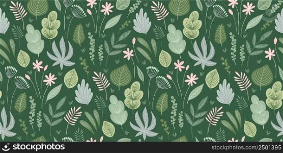 Abstract gentle seamless pattern with leaves, flowers and grass. Modern exotic design for paper, cover, fabric, interior decor and other use.. Abstract gentle seamless pattern with leaves, flowers and grass. Modern exotic design