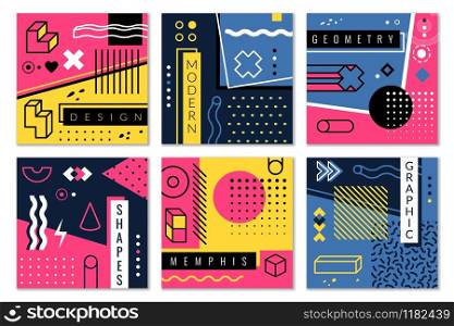 Abstract geometric background. Modern graphic shapes in memphis style, colourful stripes and dots vector minimal design for poster, cover and card template. Abstract geometric background. Modern graphic shapes in memphis style, colourful stripes and dots vector design for poster, cover and card