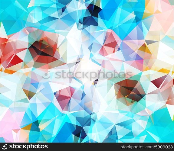 Abstract geometric background. Multicolored banner triangles. Beautiful inscription. Triangle background with bright lines. Pattern of crystal geometric shapes. Multicolor mosaic banner. Abstract geometric banner