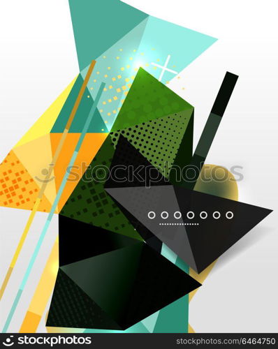 Abstract geometric background, polygonal triangle elements, lines and material textures, holographic elements. Abstract geometric background, polygonal triangle elements, lines and material textures, holographic elements. Vector modern abstract template