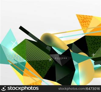 Abstract geometric background, polygonal triangle elements, lines and material textures, holographic elements. Abstract geometric background, polygonal triangle elements, lines and material textures, holographic elements. Vector modern abstract template