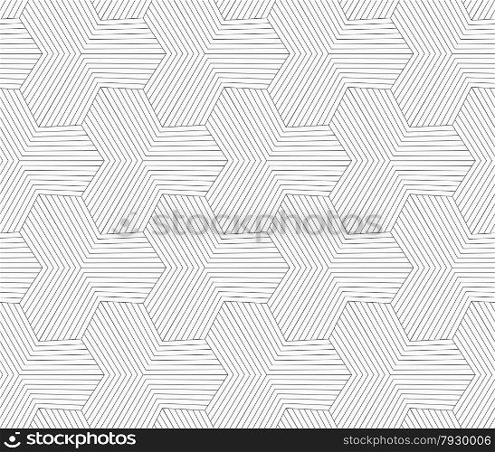 Abstract geometric background. Seamless flat monochrome pattern. Simple design.Slim gray striped hexagons forming tetrapods.