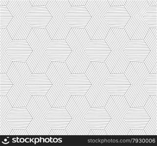 Abstract geometric background. Seamless flat monochrome pattern. Simple design.Slim gray striped hexagons forming tetrapods.