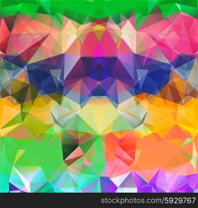 Abstract geometric background space. Abstract geometric background version. Multicolored triangles. Beautiful inscription. Triangle background with bright lines. Pattern of crystal geometric shapes. Mosaic banner green