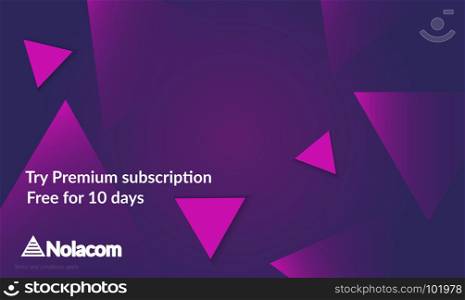 Abstract geometric background with purple gradient vanishing triangles. Modern template for social media banner. Contemporary material design with realistic shadow over flat gradient background.