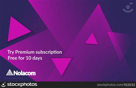 Abstract geometric background with purple gradient vanishing triangles. Modern template for social media banner. Contemporary material design with realistic shadow over flat gradient background.