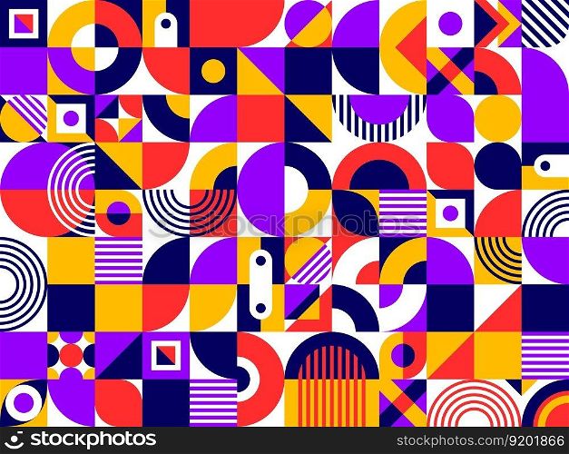 Abstract geometric bauhaus elements pattern background with vector color circles, squares, triangles, round lines and dots. Modern bauhaus seamless background of simple geometric shapes and figures. Abstract geometric bauhaus elements pattern