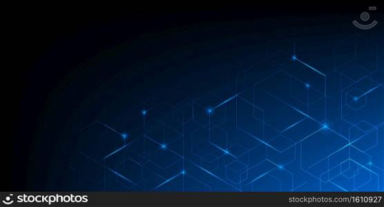 Abstract geometric blue lines on dark blue background with lighting effect. Modern technology futuristic digital patterns. Hexagon geometry structure. Vector illustration