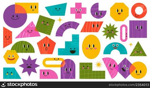 Abstract geometric comic shapes, cute doodle characters. Bright figures, square triangle and circle with face emotions vector illustration set. Funny cartoon mascots. Geometric cartoon doodle. Abstract geometric comic shapes, cute doodle characters. Bright figures, square triangle and circle with face emotions vector illustration set. Funny cartoon mascots
