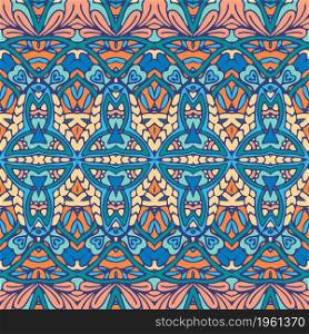 Abstract geometric damask seamless pattern ornamental. Textile ethnic vintage print vector blue and orange colors. Ethnic boho geometric psychedelic colorful print with doodle Vector seamless pattern Bohemian style