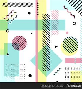 Abstract Geometric Elements Pastels Color Pattern Memphis Style on White Background. Trendy Design for Invitation Card, Brochure, Banner Web, Poster, etc. Vector Illustration