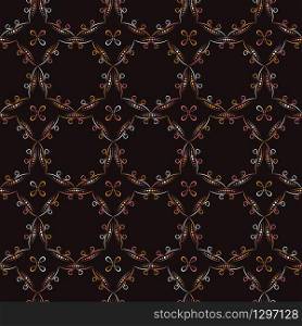 Abstract geometric ethnic seamless texture on a dark background. Can be used for wallpaper, pattern fills, web page background, textiles, packaging. Multi-colored vector seamless pattern EPS 10.