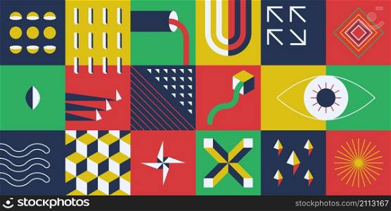 Abstract geometric forms. Bold figures design, primitive tiles collage of basic shapes, minimalistic colorful ornament. Vector illustration colored graphic collection abstract artwork. Abstract geometric forms. Bold brutalism figures design, primitive bauhaus tiles collage of basic shapes, minimalistic colorful ornament. Vector neo geo set