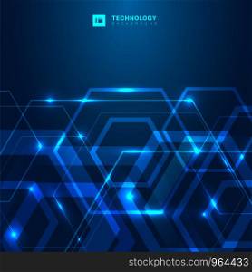 Abstract geometric hexagon shape with glowing light technology digital futuristic concept on dark blue background with space for your text. Vector illustration