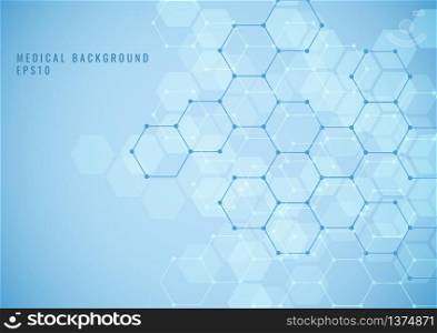 Abstract geometric hexagon structure medical science network pattern on blue background. Molecular connect elements. Medicine and technology. Vector illustration