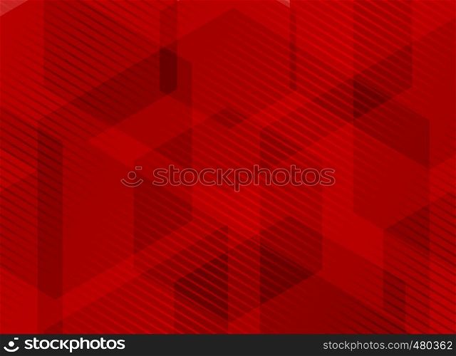 Abstract geometric hexagons overlapping red background with striped lines pattern. You can use for brochure, presentation, poster, leaflet, flyer, print, advertising, banner, website. Vector illustration