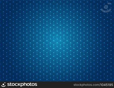 Abstract geometric hexagons shapes seamless pattern with illuminated dot on blue background. Technology concept. Vector illustration