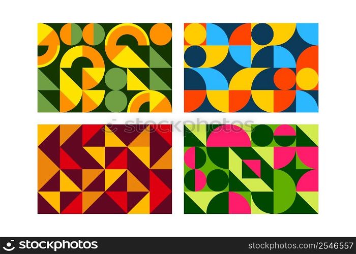 Abstract geometric pattern. Background with modern color shapes, graphic squares, circles and triangles, posters in scandinavian style. Bright horizontal minimal backdrop set. Vector banner template. Abstract geometric pattern. Background with modern color shapes, graphic squares, circles and triangles, posters in scandinavian style. Bright horizontal minimal backdrop vector banner template