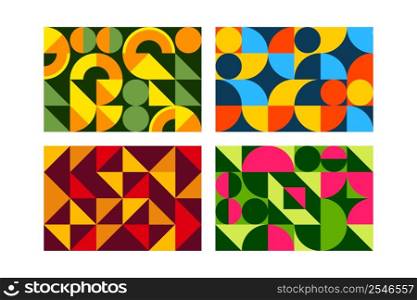 Abstract geometric pattern. Background with modern color shapes, graphic squares, circles and triangles, posters in scandinavian style. Bright horizontal minimal backdrop set. Vector banner template. Abstract geometric pattern. Background with modern color shapes, graphic squares, circles and triangles, posters in scandinavian style. Bright horizontal minimal backdrop vector banner template