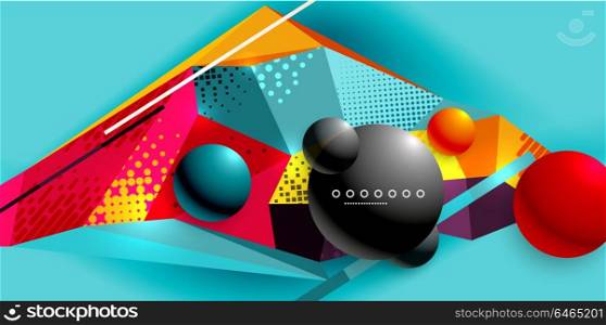 Abstract geometric poster created with polygonal triangle elements, lines, spheres, material textures, holographic elements. Abstract geometric poster created with polygonal triangle elements, lines, spheres, material textures, holographic elements. Vector modern abstract background