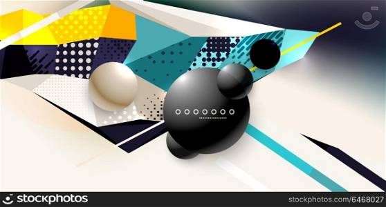 Abstract geometric poster created with polygonal triangle elements, lines, spheres, material textures, holographic elements. Abstract geometric poster created with polygonal triangle elements, lines, spheres, material textures, holographic elements. Vector modern abstract background